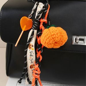 Halloween-themed Creative <b>Leather</b> Double-Sided Mini Pumpkin Bag Pendant Wooden Bead String Keychain Hanging Ornament - Product Image 2