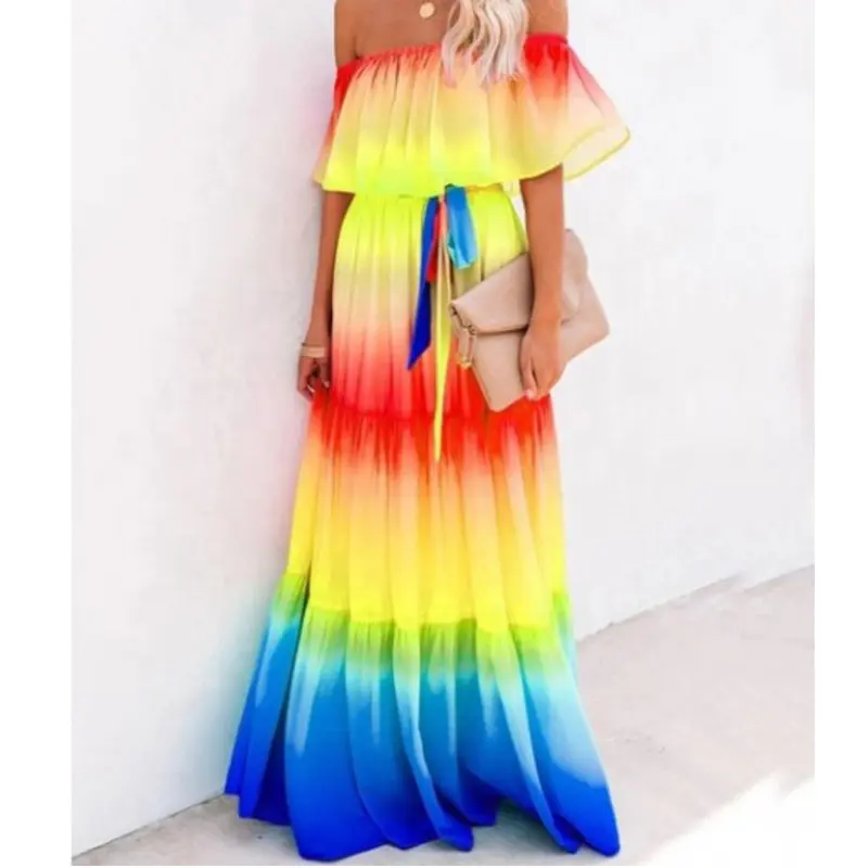 Fashionable Sexy Tie Dye Lady Elegant Summer Clothes Women Casual Long Maxi Dress Print Rainbow Color Natural OEM Service Adults