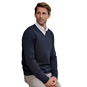 Pull en tricot à col en V pour homme, bleu marine, manches longues, 100% acrylique, style automne, couleur unie, coupe classique - Product Image 1