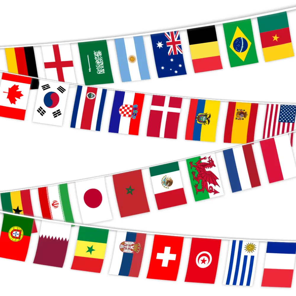 फुटबॉल खेल स्ट्रिंग झंडा 32 देशों राष्ट्रीय देश Buntting झंडा 2022 कतर के लिए खेल