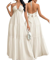Robe longue décontractée pour femme, col licou, dos nu, à volants, avec détail nœud, taille empire, coupe trapèze évasée, pour la plage et les vacances