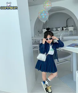 Conyson Completo da <span class=keywords><strong>Bambina</strong></span> in <span class=keywords><strong>Denim</strong></span> Morbido a Due Pezzi Boutique Autunno Primavera 2023 Nuovo Design <span class=keywords><strong>Camicia</strong></span> con Revers e Gonna a Pieghe - Product Image 1