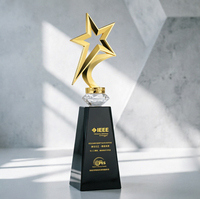 Trofeo Estrella de Cristal con Detalles en Oro - Grabado Personalizado para Premios Corporativos, Reconocimiento a Empleados Base Negra/Plateada/Transparente
