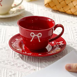 <b>Red</b> <b>Bow</b> Underglaze Ceramic Coffee Cup And Saucer Set European Afternoon Tea Cup Elegant Gift For Wedding Women - Product Image 3