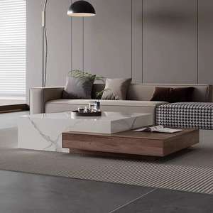 Meuble de maison haut de gamme, <span class=keywords><strong>table</strong></span> basse carrée avec tiroirs de rangement, plateau en faux marbre, placage bois pour salon. - Product Image 1