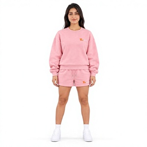 Ensemble sweat-shirt et short en molleton rose pour femme Tierwear, col rond, 100% coton, broderie, tenue décontractée d'automne - Product Image 1