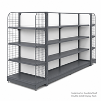 Étagère Gondole Double Face en Métal Gris Foncé avec Panneau Arrière Blanc et Extrémité en Treillis Métallique, Présentoir Îlot 4 Niveaux pour Snacks de Supermarché