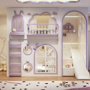 <span class=keywords><strong>Lit</strong></span> <span class=keywords><strong>superposé</strong></span> pour enfants JS New Style Purple Theme avec toboggan, structure en bois massif avec rangement, <span class=keywords><strong>lit</strong></span> princesse pour chambre de fille, ensemble de meubles - Product Image 1