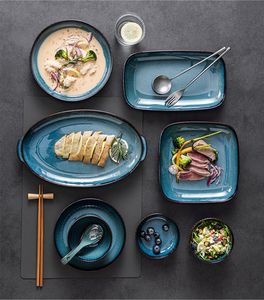 Stoviglie europee in porcellana con cambio di glassa con forno blu Creative a righe piatto poco profondo scodella per zuppa di scodella di riso Set di piatti per la casa - Product Image 5