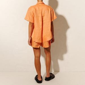 Ensemble deux pièces en lin personnalisé par le fabricant : Chemise en lin à col rabattu et short en lin léger à taille élastique coupe trapèze - Product Image 3