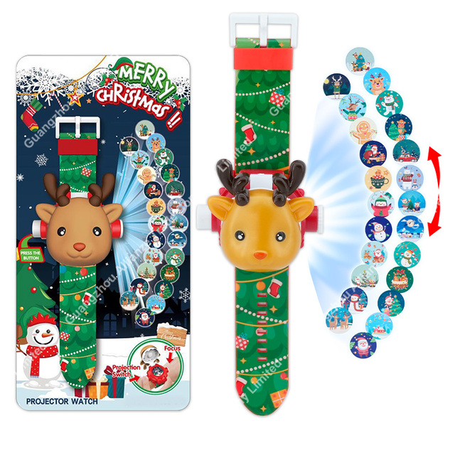 OEM&ODM 24 Patterns Projection Light-Up 3D Santa Claus & Elk Christmas Toy Electronic Watch Christmas Gift for Kids