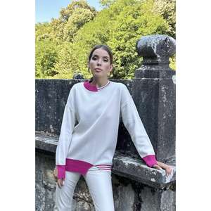 Maglione lavorato a <span class=keywords><strong>maglia</strong></span> con colletto e polsini <span class=keywords><strong>fucsia</strong></span>, da <span class=keywords><strong>donna</strong></span>, casual, a maniche lunghe, anti-pilling, bianco con dettagli rosa - Product Image 3