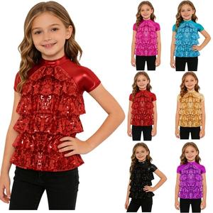 6-16 Kids Girls Latin Dance For Competition Dance <b>Top</b> <b>Metallic</b> Glossy Costumes <b>Top</b> Dance Wear Stage Performance Parties Shows - Product Image 1