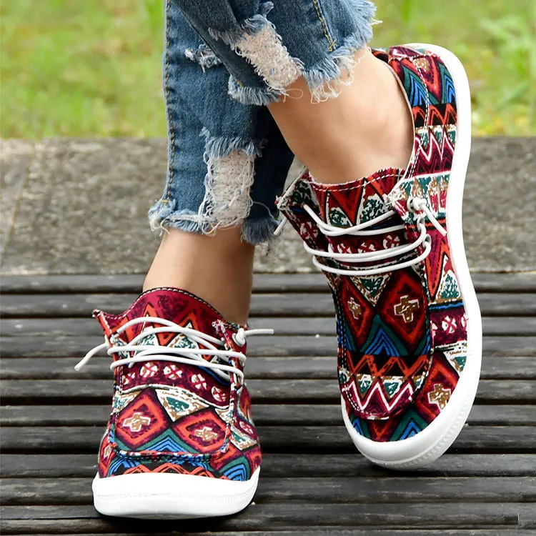 Western Style Women Flat Canvas Sneakers Aztec Printed Casual Canvas Trendy Shoes
