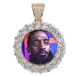 Jewelry Custom Picture Photo Memory Medal Silver Hip Hop Jewelry Iced Out Round Bezel Frame big diamond Pendant Necklace