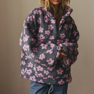 Sudadera de lana con media cremallera y estampado Floral de calidad para mujer, Jersey cálido de gran tamaño, chaqueta de Sherpa, ropa de abrigo de invierno 2025 - Product Image 3