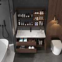 Kabinet Vanity Kamar Mandi Walnut yang Dipasang di Dinding dengan Cermin LED Pintar, Kustomisasi Langsung dari Pabrik Tersedia, Vanity Kamar Mandi