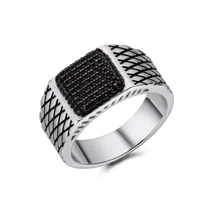 Keiyue cincin perhiasan pria, perhiasan cincin desain kreatif kotak-kotak berlian batu permata bertekstur hitam alami
