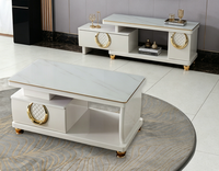 Table TV moderne extensible avec rangement pour salon, table basse avec plateau en verre et 2 tiroirs, meuble de maison