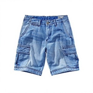 Men's Blue Denim <b>Cargo</b> Shorts Mid Waist Button Fly Casual Style 100% Cotton Breathable Woven Fabric Pockets - Product Image 1