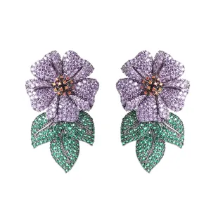 Bling Bling Cubic Zirconia Green Leaf Purple Flower Earrings for Women Costume Party Drop Stud Earrings High Quality CZ Jewelry