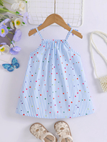 Robe d'été décontractée pour bébé fille, robe à bretelles rayée bleue et blanche, jupe à motifs de fleurs colorées et d'abeilles