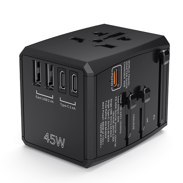 PD45W Fast Charge Universal Travel Adapter with 5 USB Ports (2 USB A/3 Type-C) Fireproof Plug & Socket for US/EU/AUS/UK