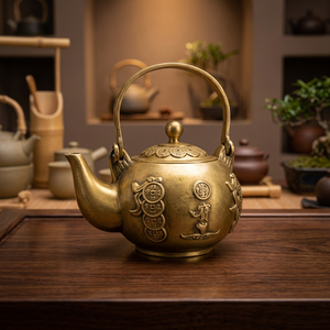 Théière chinoise traditionnelle dorée avec poignée et couvercle, bouilloire en métal au design décoratif - Product Image 5