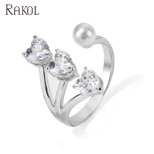 RAKOL RP2227 Fashionable Unique <b>Silver</b>-Plated Adjustable Zircon Heart-Shaped Open Pearl <b>Ring</b> - Product Image 1