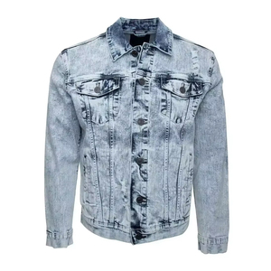 Veste en jean tendance pour homme, coupe ajustée, délavée, couleur unie, style streetwear décontracté, en coton tissé, col rabattu, fermeture boutonnée - Product Image 5
