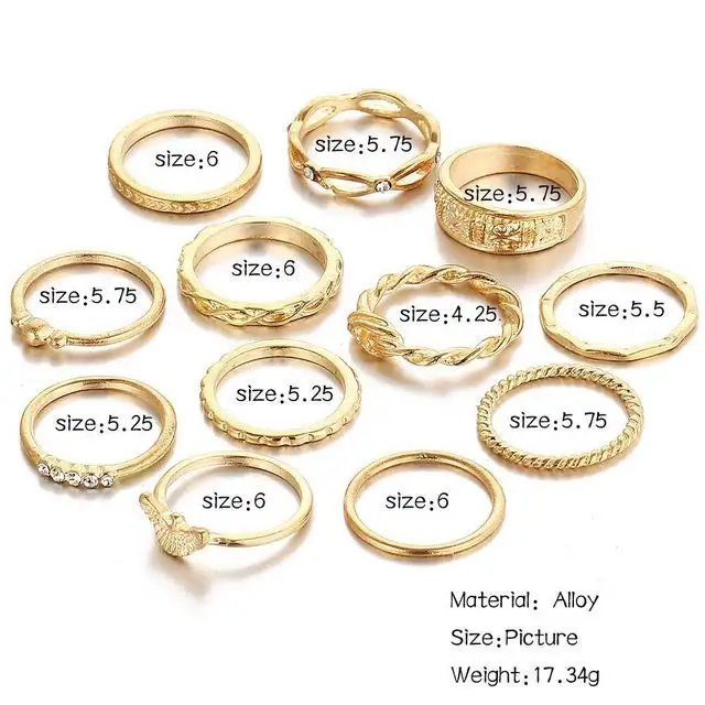 Ins conjunto de anel de joelho da moda, anel encrustado retrô com 12 conjuntos de anéis de diamante amarrado e esculpido, anéis para senhoras