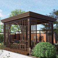 Pergola en aluminium à grain de bois oriental, design Porte de lune, pavillon de jardin de luxe, gazebo à toit rigide permanent avec éclairage LED