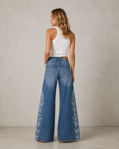 Jeans amples pour femmes en denim délavé moyen <span class=keywords><strong>avec</strong></span> broderie latérale, 100 % coton, vente en gros OEM - Product Image 2