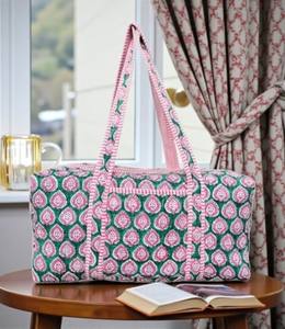 Bolsa de Viaje Tipo Duffel, Bolsa de Almacenamiento de Algodón, Bolsa de Viaje Acolchada Hecha a Mano, Bolsa de Hombro de Tamaño Estándar con Estampado de Bloques, Bolsa de Compras Estilo Boho - Product Image 4