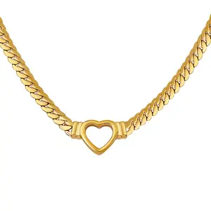 18K PVD Gold Plated Heart Shape Stainless Steel Cuban Chain Necklace Tarnish Free & Waterproof Jewelry