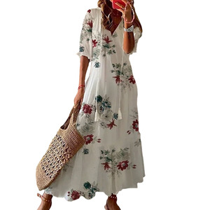 Vestido Largo Casual para Mujer, Estilo Dulce y Holgado, Cuello en V, Manga Farol, Estampado Multicolor, Estilo Retro Simple para Primavera - Product Image 4