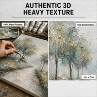 Peinture à l'huile de paysage peinte à la main de style impressionniste, sentier en forêt brumeuse avec des arbres turquoise, peinture murale