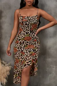 Fashion Customizable Ladies Floral Midi Dress Elegant V-neck Print Dress Sexy Strap Leopard Casual Dress Women