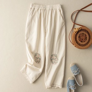 Women's Ethnic Style Embroidered Cotton Linen Harem Pants High Waist Loose Casual Cropped Summer Breathable Blue - Product Image 3