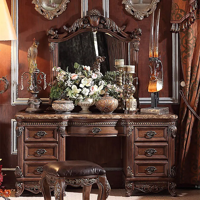 โต๊ะเครื่องแป้งฝรั่งเศสแบบฉบับ,โต๊ะเครื่องแป้งพร้อมกระจกและเก้าอี้โต๊ะเครื่องแป้งหรูหราสำหรับเฟอร์นิเจอร์ห้องนอน