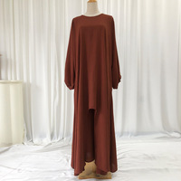 Ensemble Abaya et Pantalon Kaftan pour Femme en Fibre d'Acétate Couleur Unie, Coupe Ample, Col Rond, Manches Longues, Style Fermé