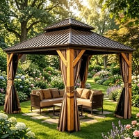 Pabellón Exterior con Techo Rígido y Estructura de Cedro Natural, Gazebo Rústico de Madera con Cortina de Privacidad de Malla