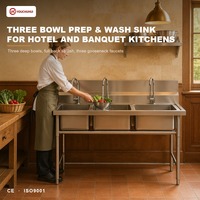 Évier de cuisine professionnel sur mesure en acier inoxydable 304 201 à trois bacs avec égouttoir, autoportant, pour restaurant