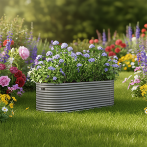 Fioriera Rialzata da Giardino in Acciaio, Ellittica, Verniciata a Polvere Grigia, Resistente, per Fiori e Piante - Product Image 2