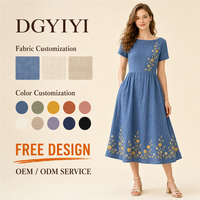 Robe décontractée pour femme, col bateau, manches courtes, broderie florale, robe midi, mélange de lin 200GSM, coupe trapèze, logo personnalisé OEM, robe décontractée