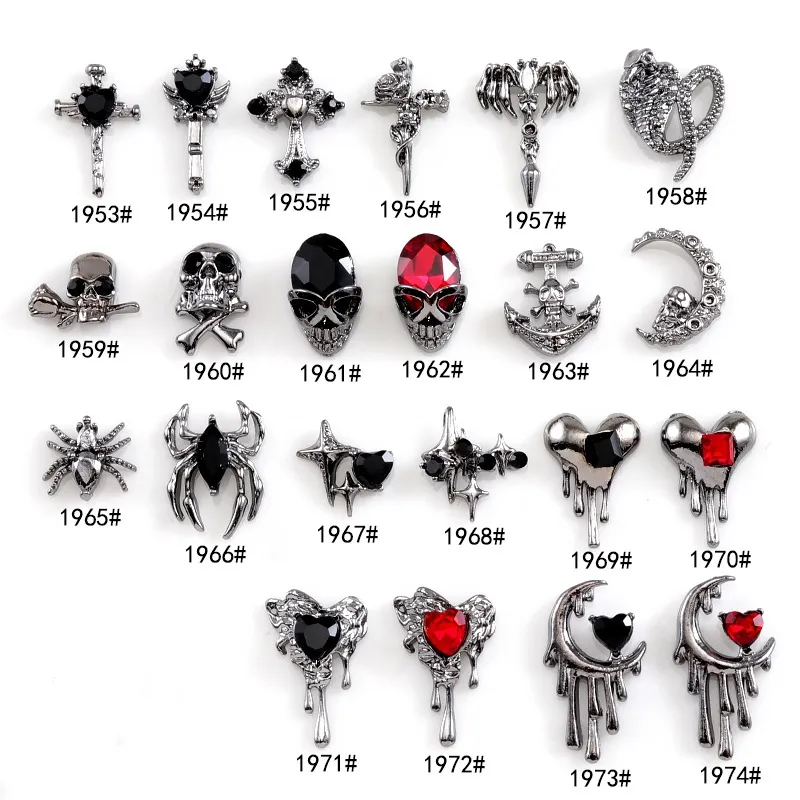 Venta caliente retro estilo oscuro Cuervo corazón nail art joyería personalizada accesorios para uñas