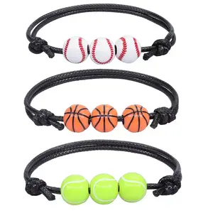 Handmade Sporty Jewelry Various Pattern Acrylic Basketball Baseball Wax Line Bracelet Boys Girls Casual Colorful Braid Bracelet