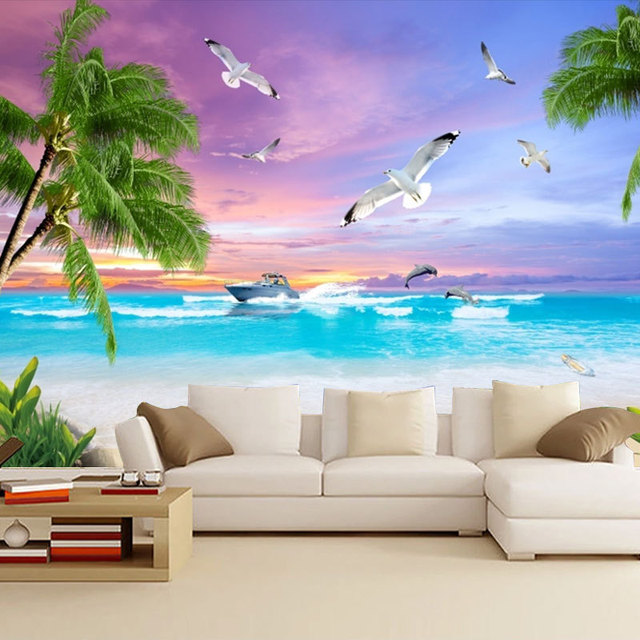 5D Stereoscopic Tv Background Wall Wallpaper Sea View 8D Living Room Sofa Mural 3D Sea Beach Scenery Television Wall Covering