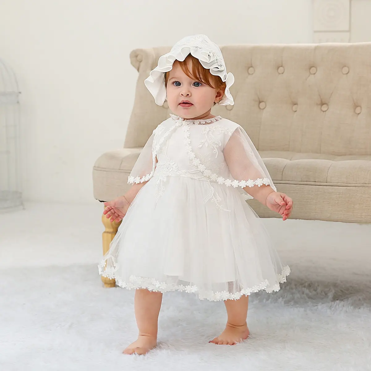 2022 New Newborn Christening Gowns Infant Baptism Wear Girls Clothes Summer Dresses Coat Hat 3PCS Baby Girl Wedding Dress