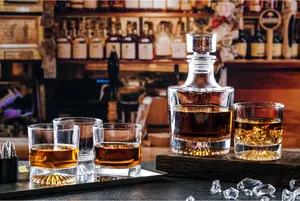 Lead Free Crystal Globe Pyramid Thick Weighted Bottom 5 Piece Whiskey Decanter Set With Free Sample